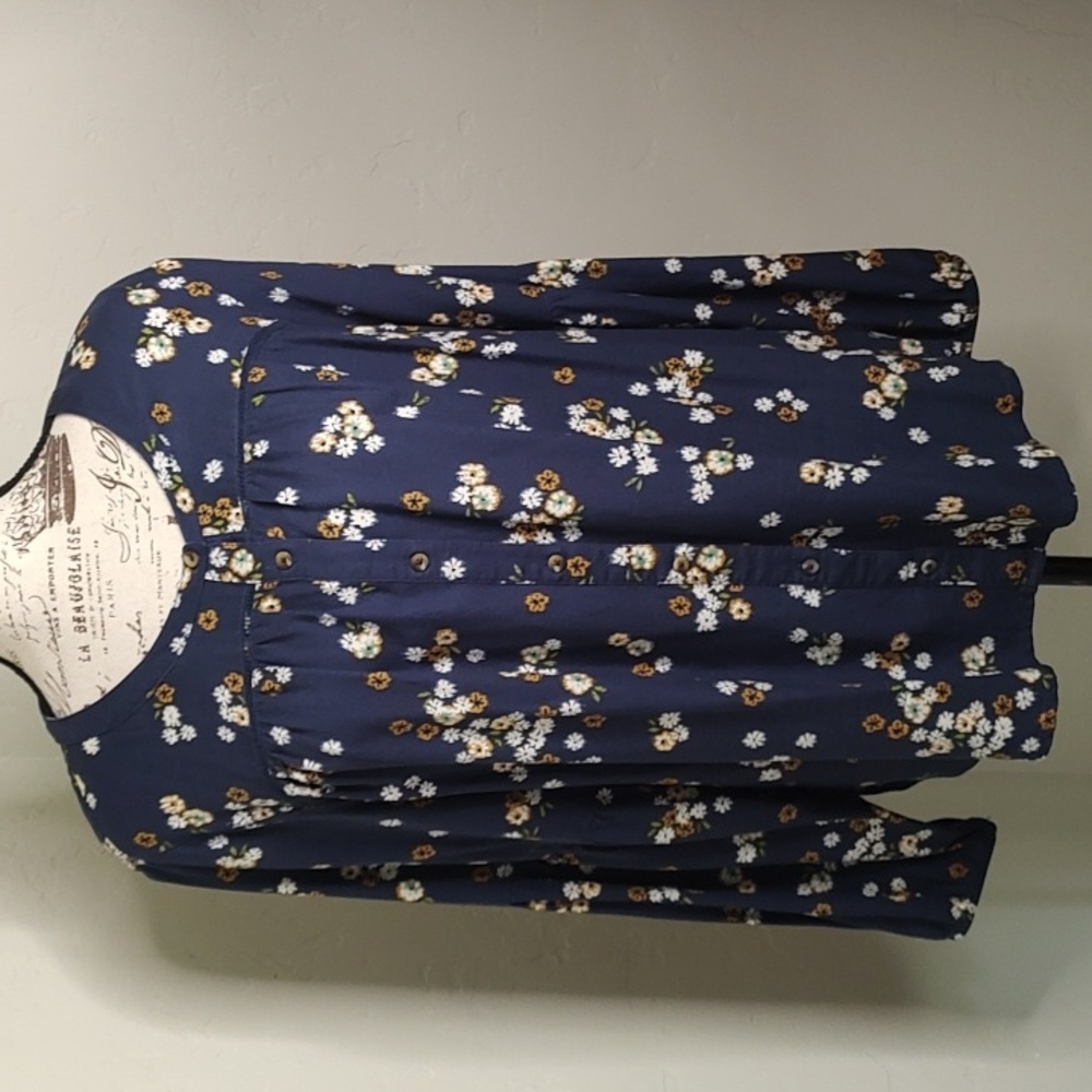 Soma Button Down Blouse Floral Blue SZ: OX 12/14 Long Sleeve Boho Drop Sleeves